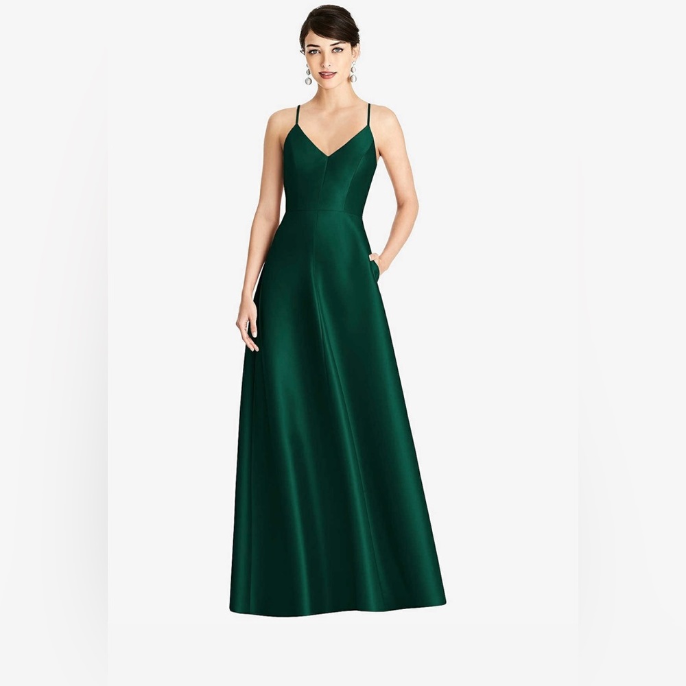 NWT Alfred Sung V-Neck Full Skirt Satin Maxi Dress With Pockets